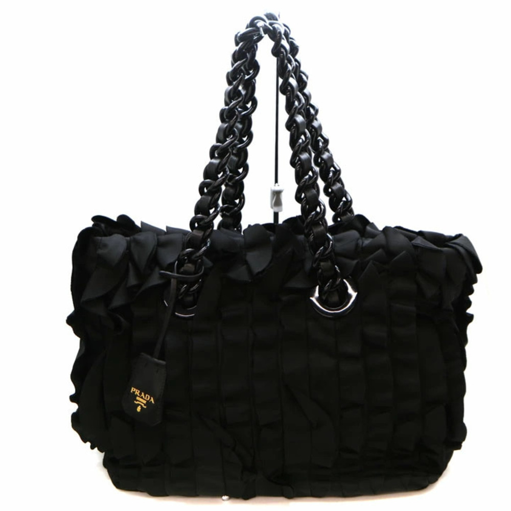 PRADA Frill Tote Bag Leather Black